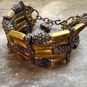 VINTAGE bracelet -  genuine leather, brass & silver toned beads